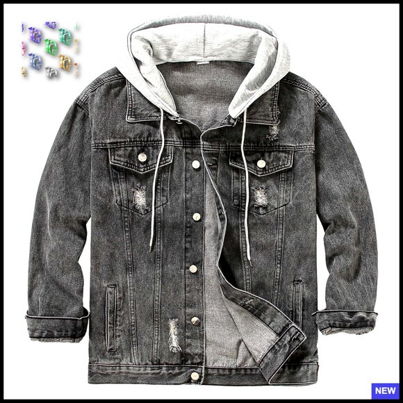 Distressed Denim Trucker Jacket Hooded Casual Streetwear Fitted Long Sleeve